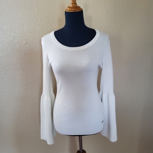 DKNY Ribbed Bell Sleeve Weater Top S White New - Picture 3 of 10